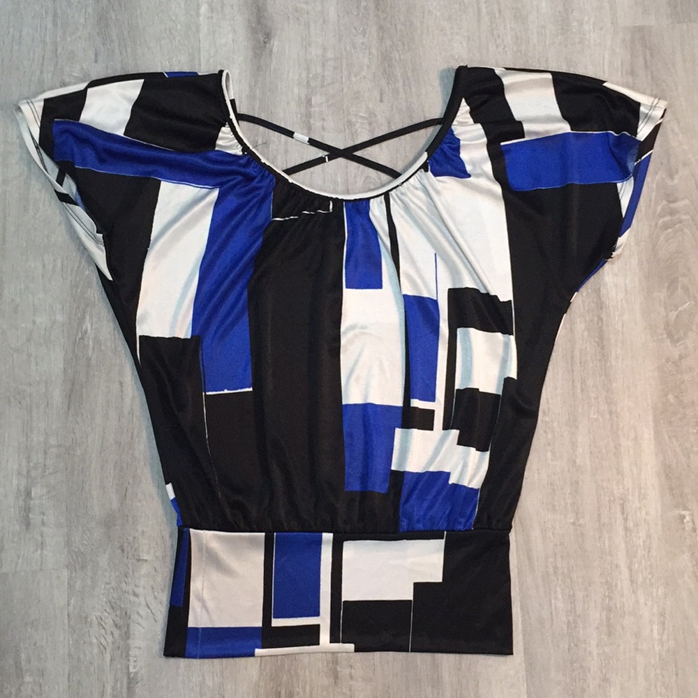 IZ Byer Geometric Abstract Colorblock Blouse Crisscross Back Top XS